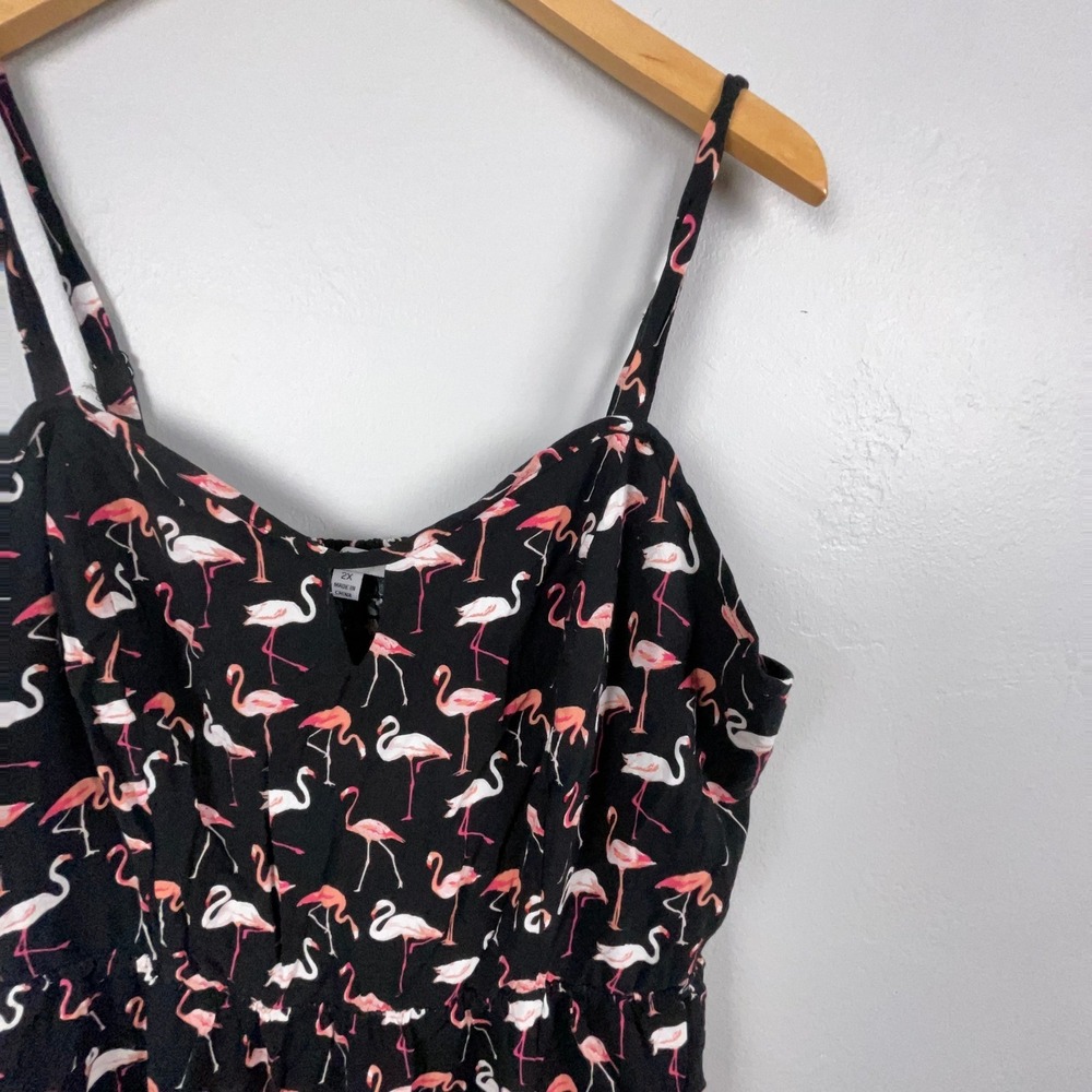 A.U.W. Flamingo Print Sun Dress Black Pink Plus Size 2X Smocked Back Retro Mod